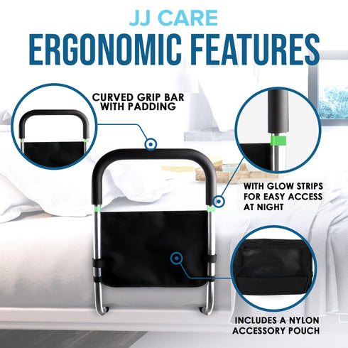 JJ CARE Bed Mobility Guard with Side Storage and Pocket Assist, Height Adjustable Hand Rail